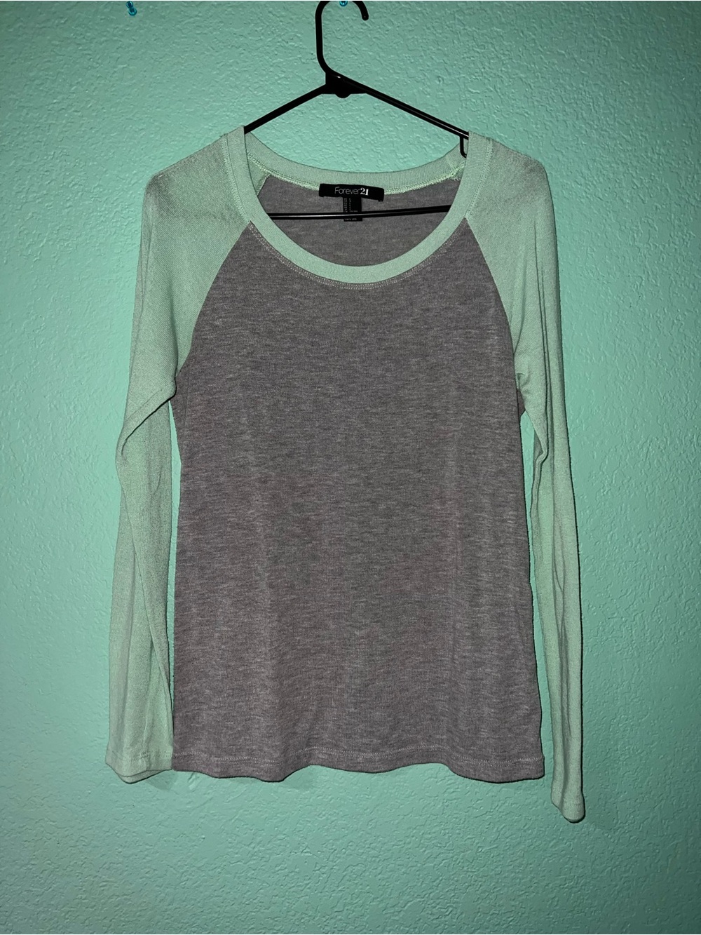 Forever 21 Gray Body with Mint Green Raglan Long Sleeve Top